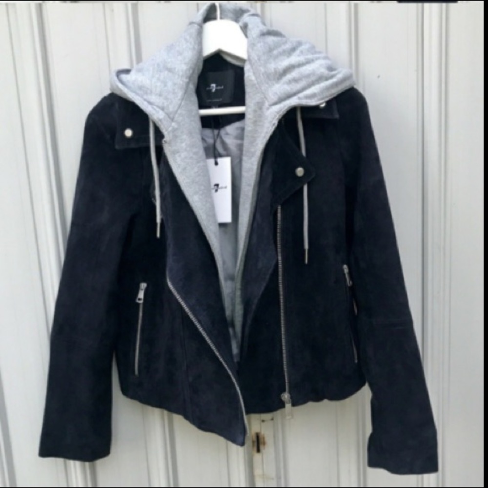 Navy suede motorcycle jacket with built in hoodie